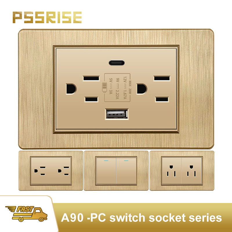 PSSRISE ゴールド PC 起毛パネルアメリカンタイ壁ソケットライトスイッチ TypeC 20 ワット急速充電器、電力ライトスイッチソケット