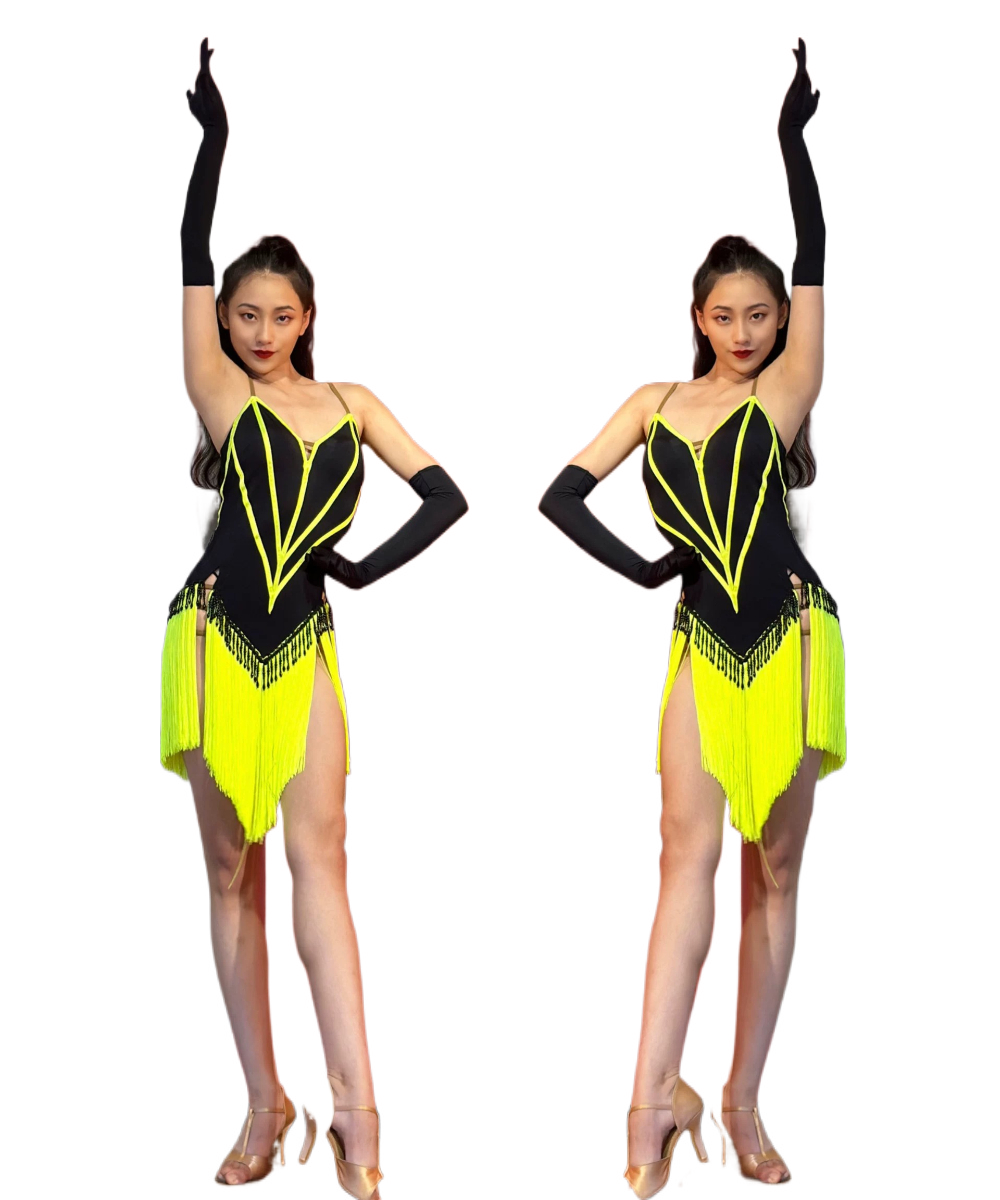 MZDance レディース ラテンダンス フリンジドレス、オープンバックストラップ衣装 ルンバ チャチャ サンバ トレーニング用