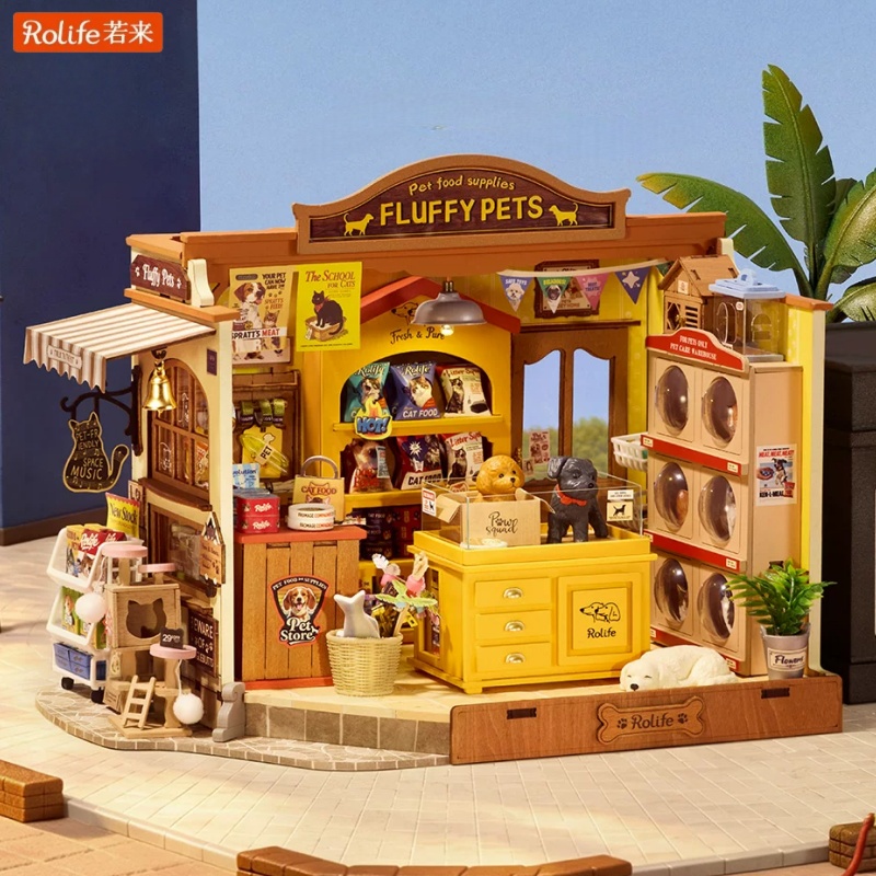 Rolife ふわふわペットショップ木製ビルディングブロック DIY ハウス組立モデルペットショップミニチュアシーン装飾品おもちゃギフト