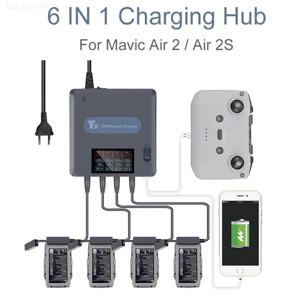 6 in 1 デジタルディスプレイバッテリー充電器 DJI Mavic Air 2 /2S ドローンバッテリー充電ハブ USB 付き高速スマートバッテリー充電器