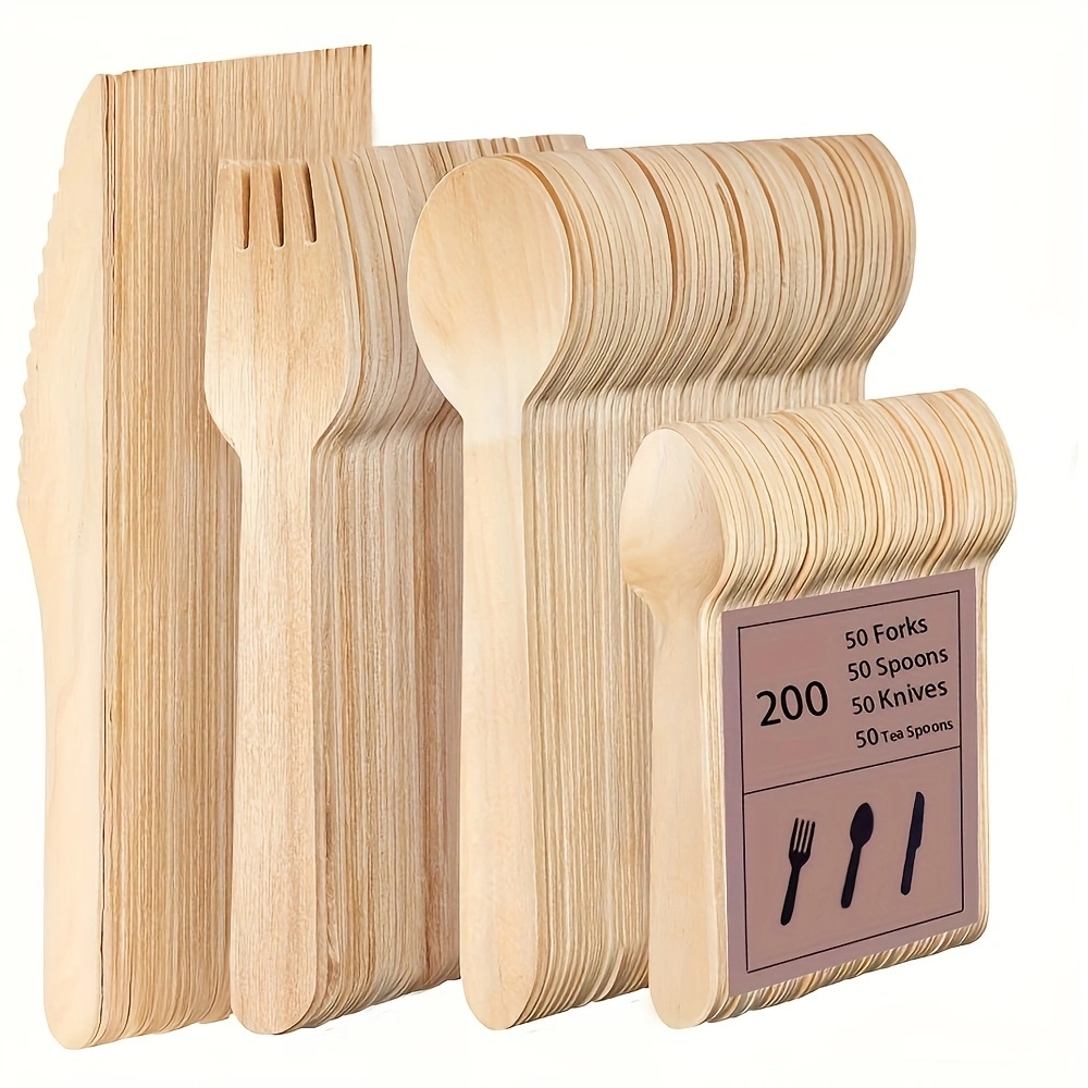 パーティー用使い捨て木製食器セット 200 個 - (フォーク 50 個、50 ドル、スプーン 50 個、ティースプーン 50 個)、竹製ガーデン用品