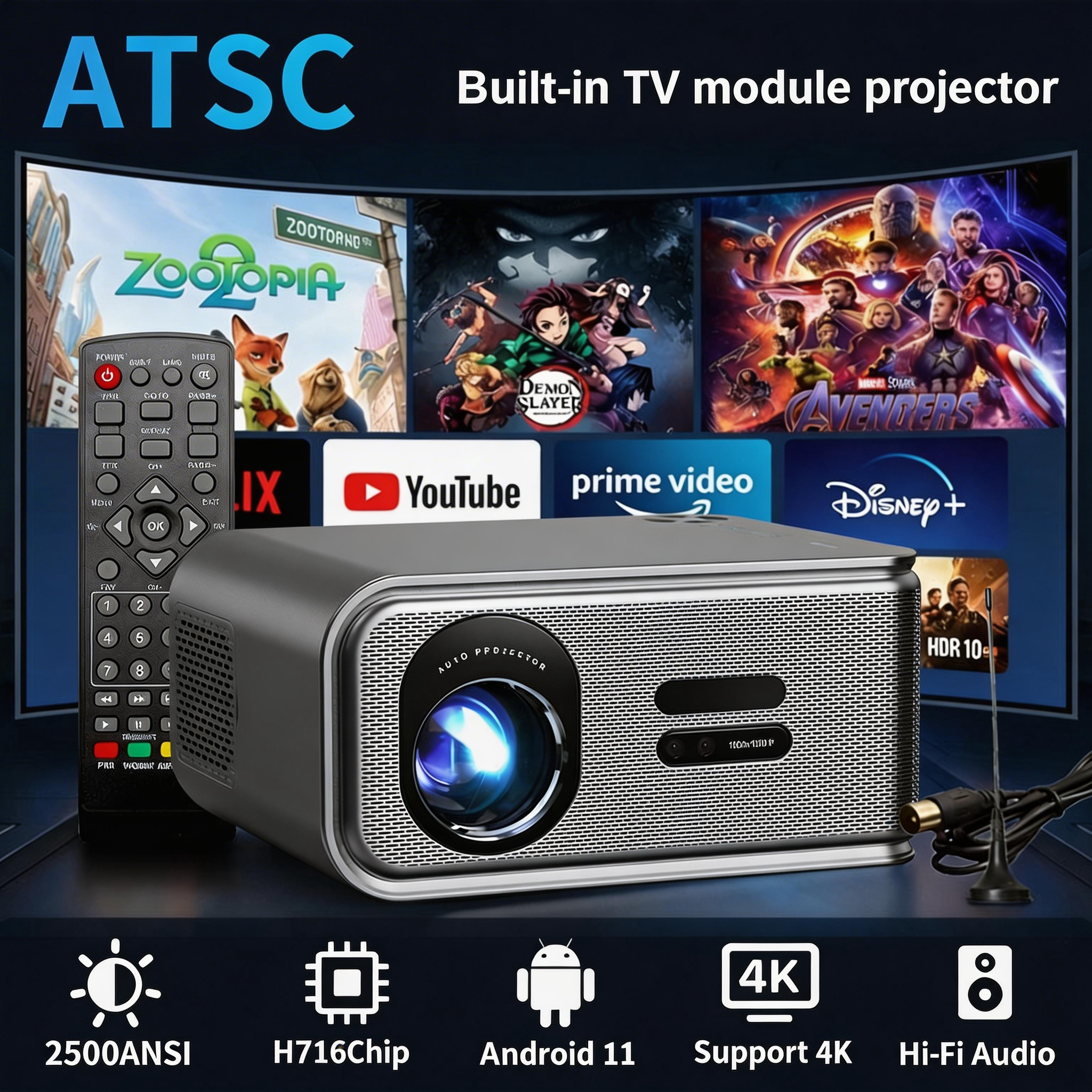 4K プロジェクター 2500ANSI フル HD 1920*1080P HDR10 Google Play WiFi6 HiFi スピーカー BT5.4 DVB-T2/ATSC/IDSB-T 無料デジタル TV