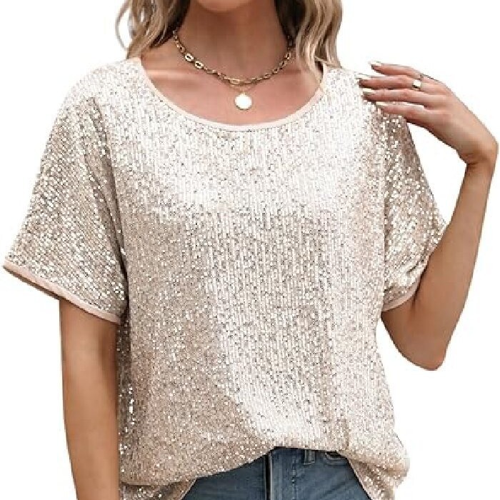 Women's Sequined T-shirt Short Sleeve Loose Fashion O-Neck Pullover Summer Casual Street T-Shirt