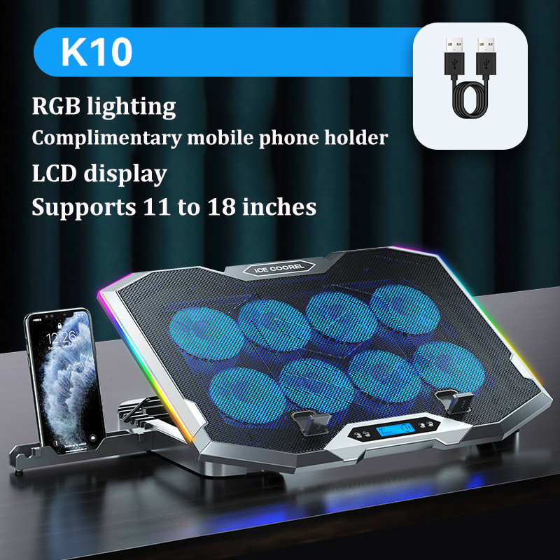 ICE COOREL K10 ノートパソコンクーラー冷却パッド 8 ファン RGB ノートパソコン冷却パッド冷却ラジエーターベースノートブッククーラー 12-18 インチ用