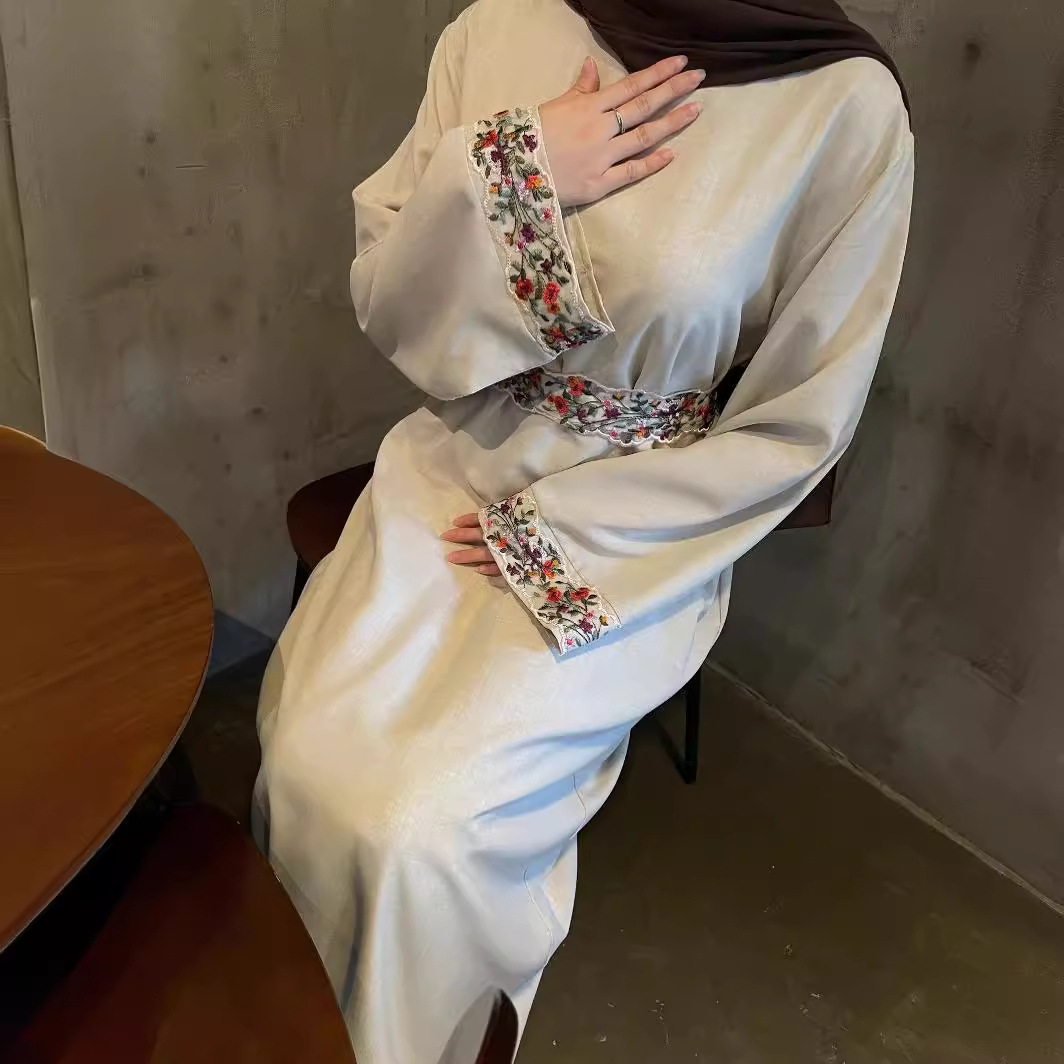 リネン刺繍イスラム教徒ドレス女性プリントアバヤ女性のための長袖内布付き気質ローブアラブトルコドバイアバヤ