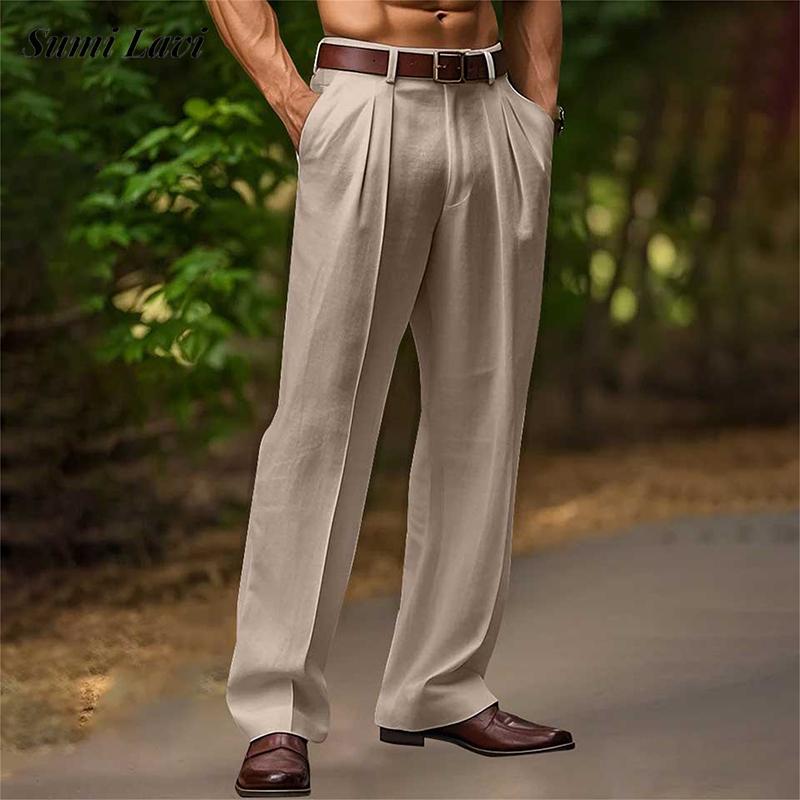 ヴィンテージ無地ルーズリネンパンツメンズ春夏新カジュアルストレートパンツ男性ファッションプリーツ通気性パンツ