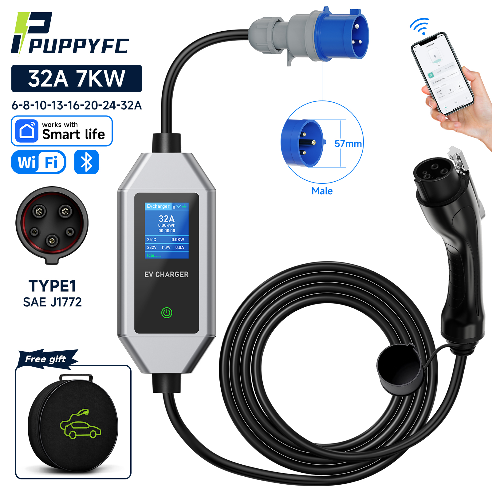 Puppyfc 7KW 32A ポータブル EV 充電器 Type2/Type1 EVSE 充電ケーブル GB/T 過負荷保護 WiFi 制御 電気自動車用