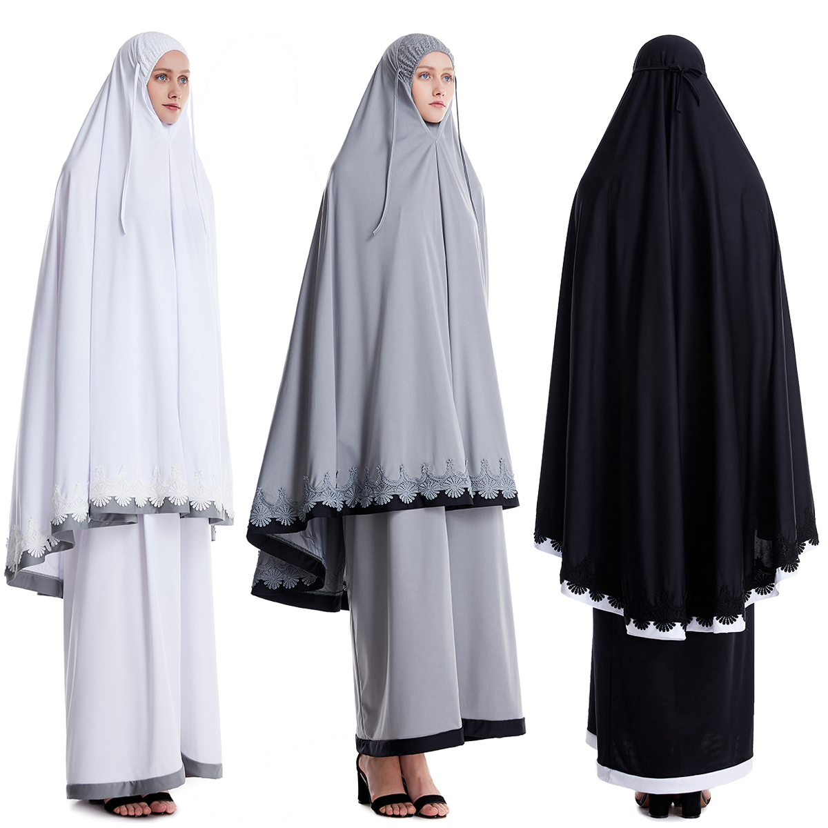 イスラム教徒の女性ブルカドレスレースツーピーススーツエスニック女性ヒジャブアバヤスーツラマダンイード祈りの衣服
