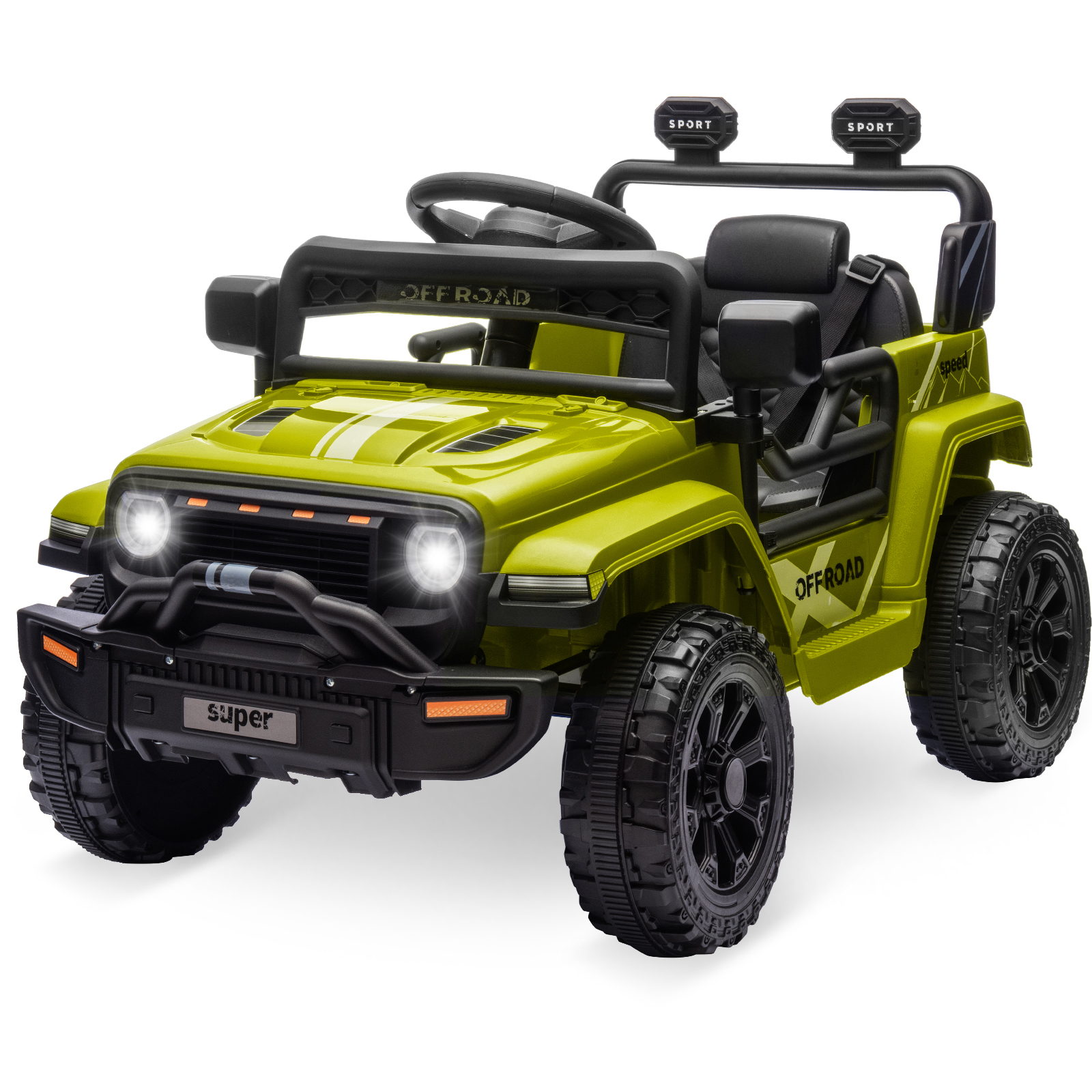 12V 乗用トラック車、幼児用乗用玩具、親用リモコン付き、ステアリングホイールミュージック、4輪スプリングサスペンション、LEDライト、