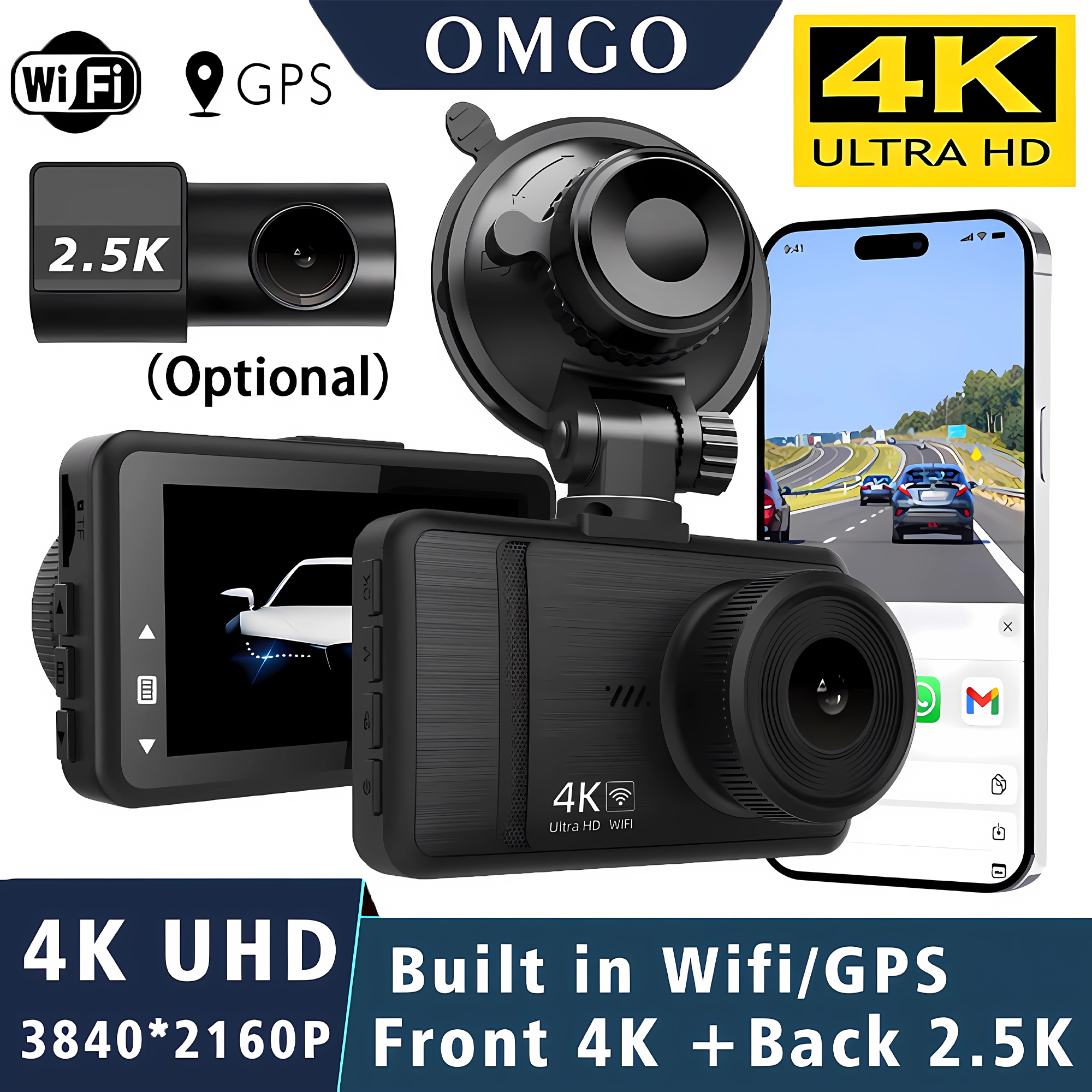 4K ダッシュカム 3840*2160P 車 DVR 2.5K リア GPS WIFI デュアルレンズ自動車カメラ ナイトビジョン G センサー 24H 駐車監視