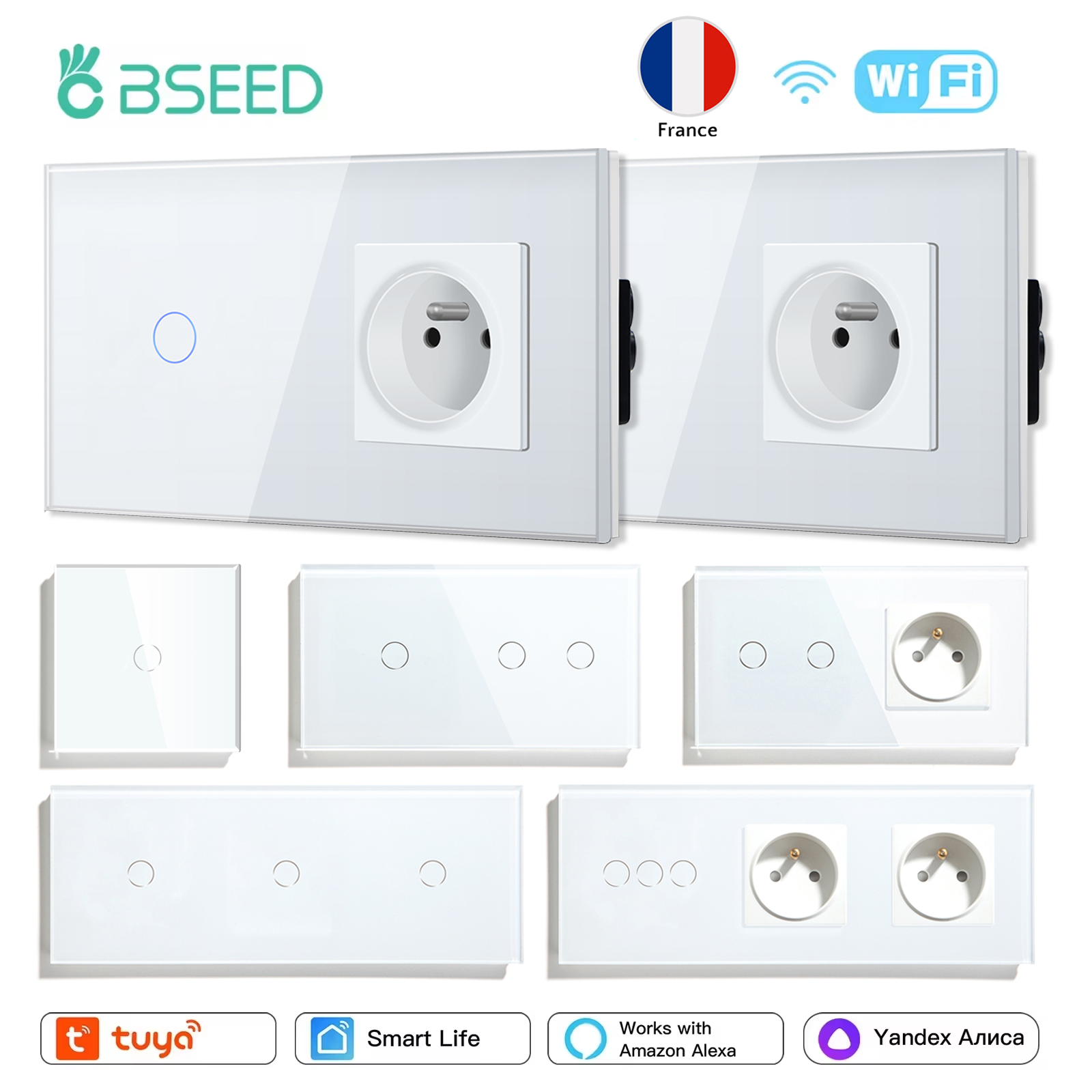 BSEED Wifi 1/2/3Gang Smart Touch Switches With French Type Power Sockets Glass Panel Support Tuya Smart Life Alexa Voice Control