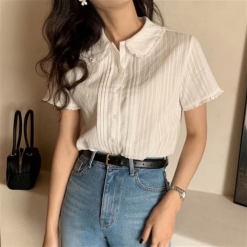 韓国 Sle 夏レースデザイン薄型半袖人形襟ブラウスアンチエイジング女性のファッションシャツピュアカラー通勤