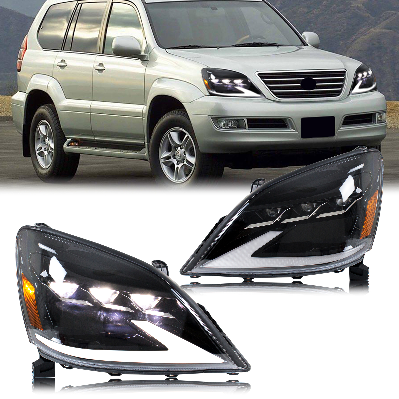 LED ヘッドライトレクサス GX470 2003-2009 トリプルプロジェクター DRL シーケンシャルインジケーターブラックハウジングフロントランプペアアセンブリ