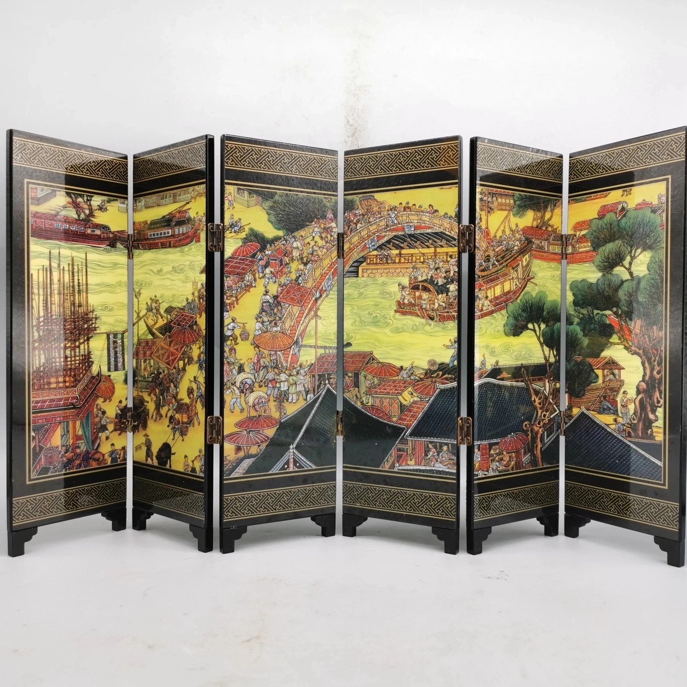 レトロな折りたたみ木製移動リビングルーム寝室ホームブロック清明上河絵画ラッカー小さな画面