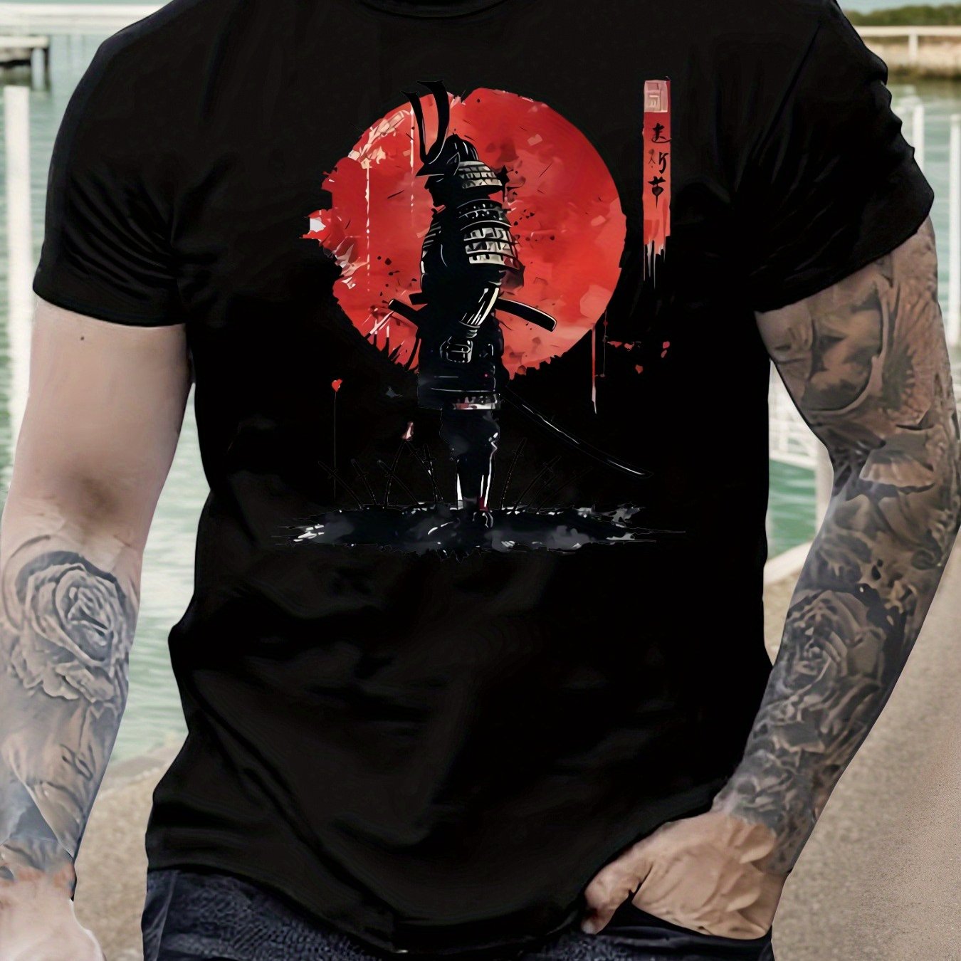 男性日本のサムライグラフィック Tシャツ大胆な赤丸剣デザイン通気性夏カジュアルレギュラーフィットラウンドネック半袖