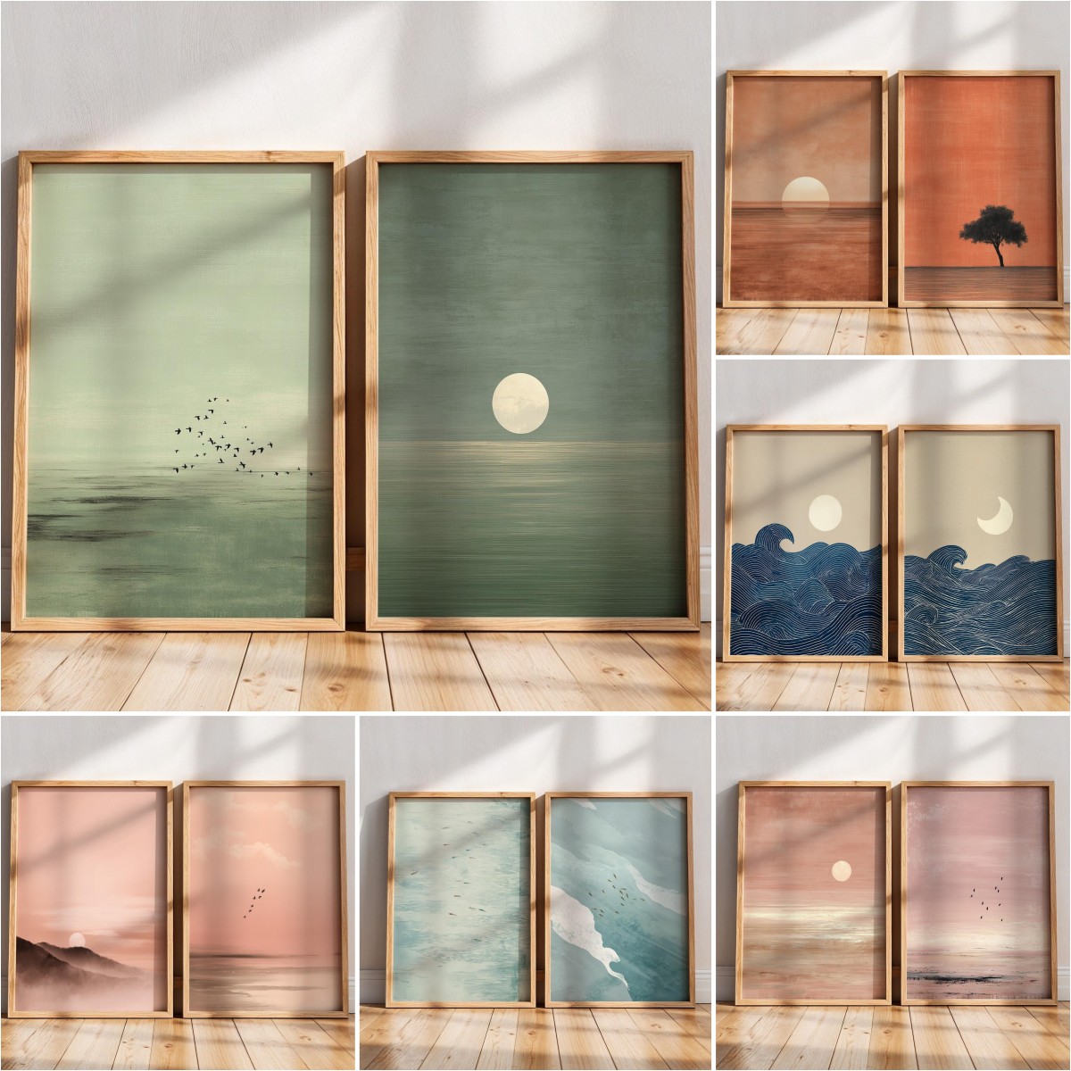 Japandi ウォールアート ミニマリスト ピンク サンセット プリント、スカンジナビアの禅装飾、抽象風景アートワーク、アーストーン ボーホー壁装飾