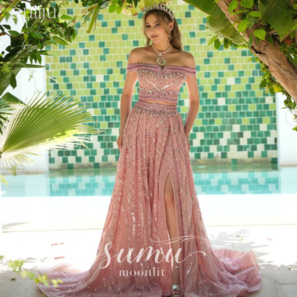 Moonlit Customized Luxury Dubai Sequin Off Shoulder Side High Split Prom Dresses Mermaid فساتين سهرات Court Train Evening Dress