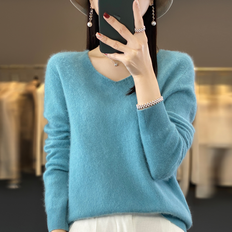 100% ピュアウールカシミヤセーター女性の V ネックプルオーバーカジュアルニットトップ秋と冬の女性のコート韓国ファッション