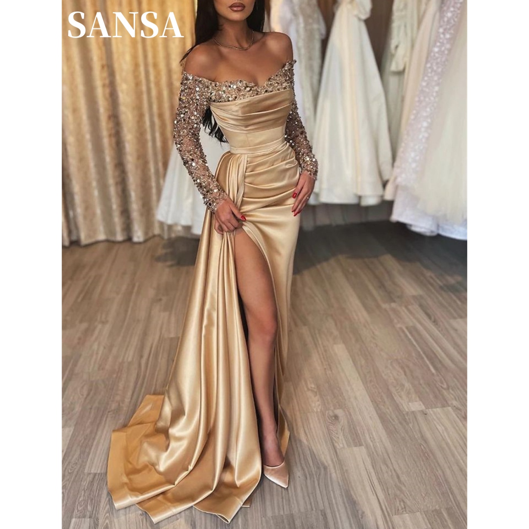 Sansa マーメイドサテンウエディングドレスオフショルダー Vestidos De Noche カスタマイズ長袖セクシーなサイドハイスプリットフォーマルイブニング