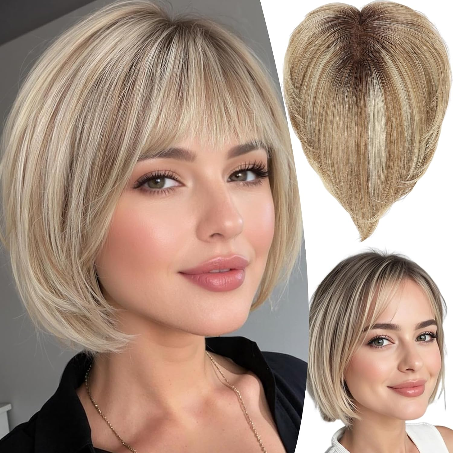 10 インチ人毛トッパー 女性用 6.5x6.5 インチ シルクベース オンブルブロンド ブラウンサイド分けショートボブヘアトッパー 前髪付き