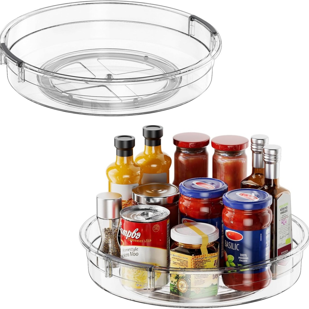 Lazy Susan 360°回転オーガナイザー、透明プラスチックターンテーブル多機能収納トレイ、冷蔵庫、スパイス、調味料、化粧品、メイクアップ用