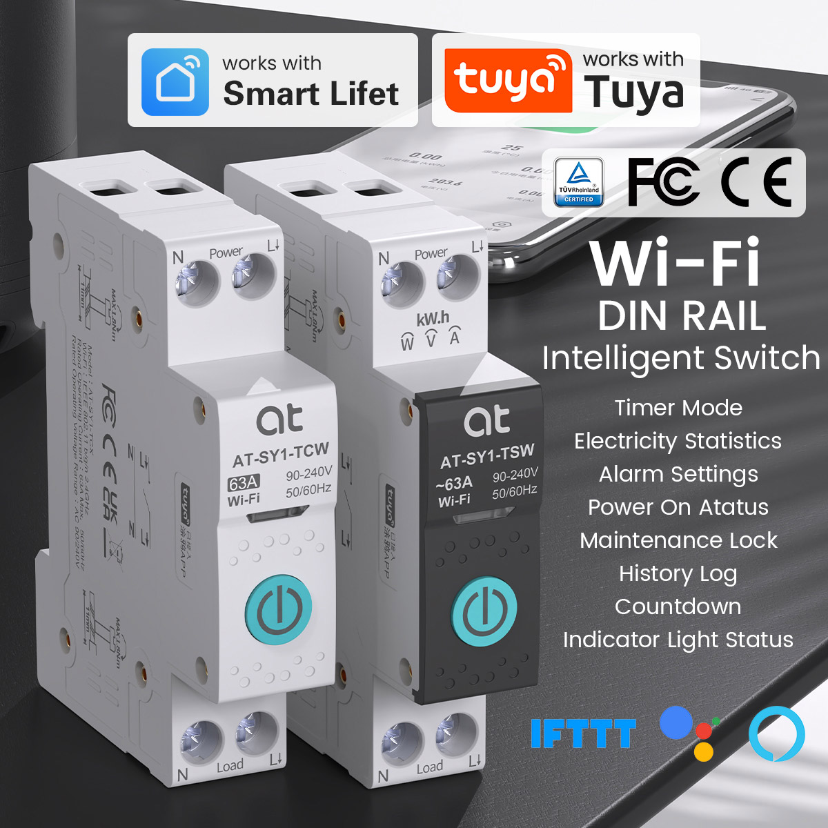 TUYA WIFI スマートサーキットブレーカー パワーメータリング 1P 63A DIN レール スマートホーム用 ワイヤレスリモコン スマートスイッチ APP ATELE