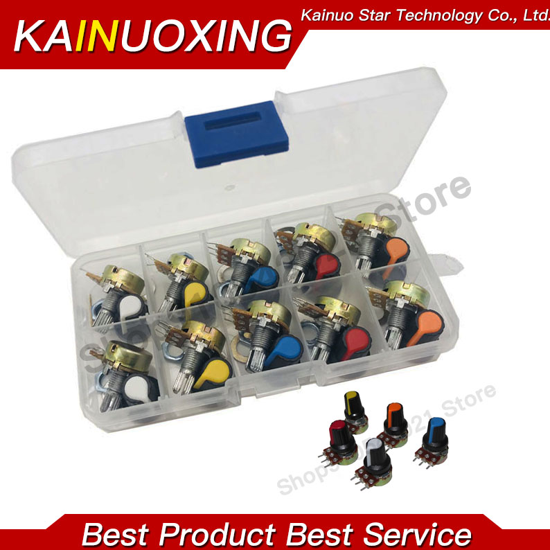10 セット WH148 3Pin リニアロータリーポテンショメータキット ノブキャップ付き 1K-1M 15 ミリメートルシャフト可変抵抗器ボックスセット