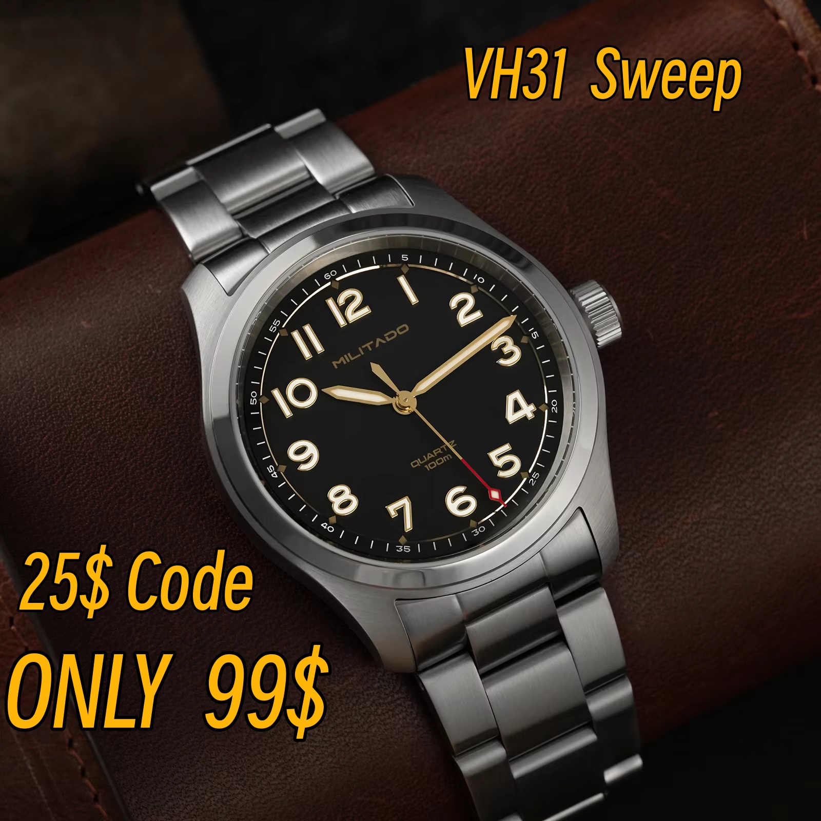 Militado ML08 ミリタリーウォッチ VH31 クォーツムーブメント ダブルサファイアクリスタル C3 BGW9 発光 10Bar 防水 38 ミリメートルヴィンテージ時計