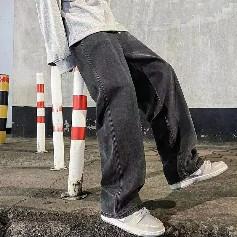 2026 新ストリートルーズジーンズ男性韓国スタイルのファッションルーズストレートワイドレッグパンツメンズブランド服ブラックライトブルー