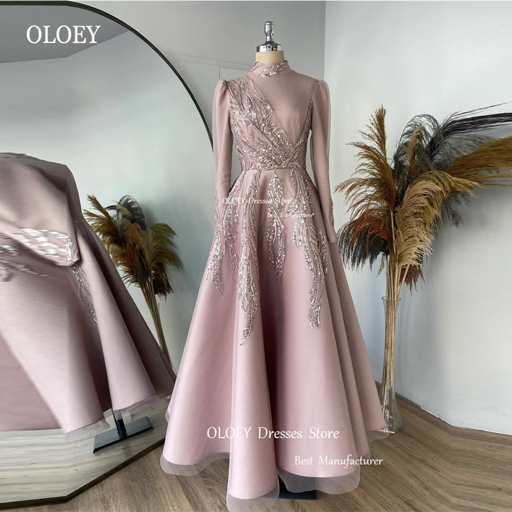 OLOEY ささやかなイスラム教徒ドバイアラビア女性のドレスダスティピンクハイネック長袖スパンコールレースカスタマイズされたフォーマルウエディングドレス