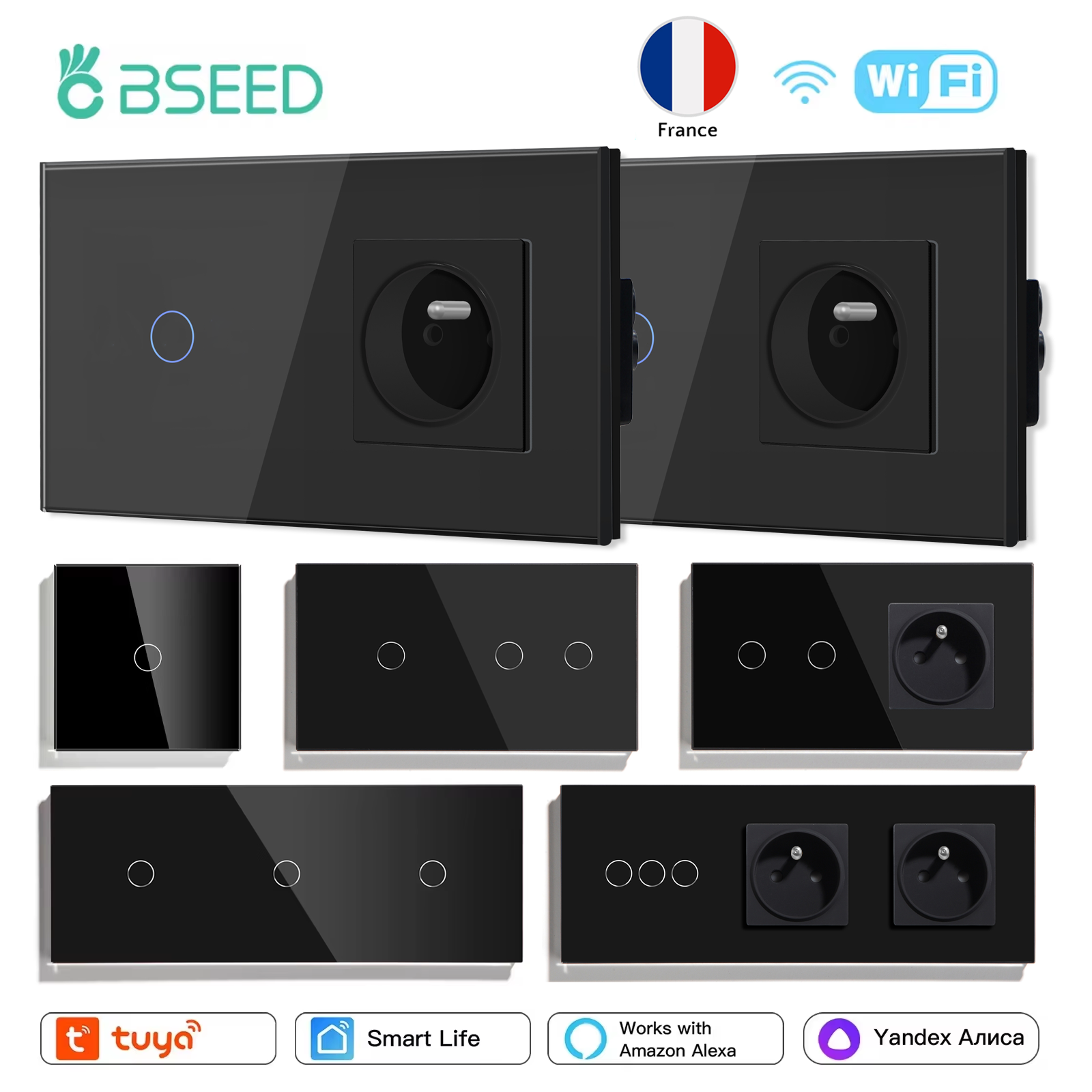 BSEED Wifi 1/2/3gang ライトタッチスイッチ Tuya スマートライフ Alexa APP コントロールプラス通常フランス壁ソケットブルーバックライト