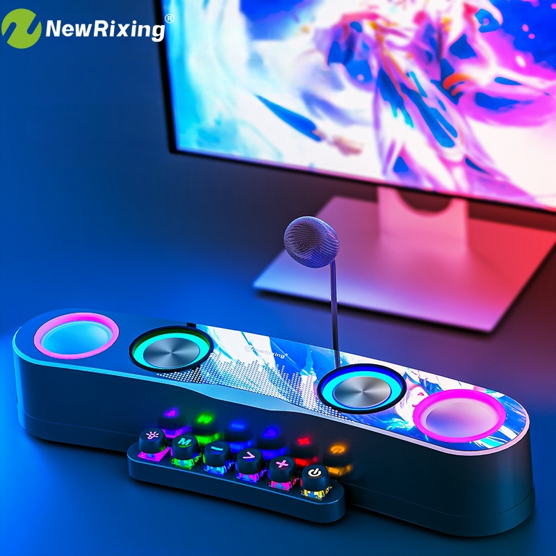 NewRixing ワイヤレス/有線 PC ステレオ スピーカー、プラグ アンド プレイ、RBG ライト、物理ボタン装備、BT/USB/TF/AUX/MIC ジャック用