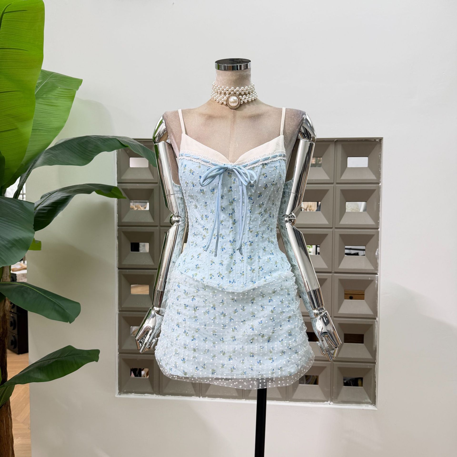 夏の花柄ミニドレスレースパッチワークタイバックコルセットウエストオープンバックパーティー女性カジュアルドレス Vestidos 2 点セット
