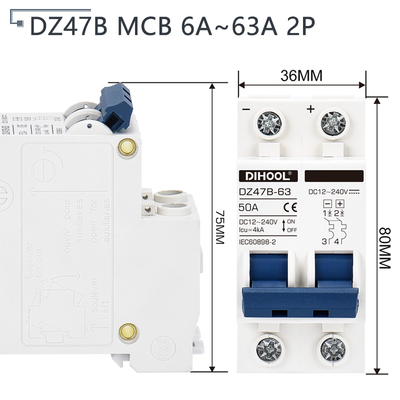 DC 12V 24V 48V 72V MCB バッテリーミニサーキットブレーカー 16A 25A 32A 63A 100A 125A PV DC 正と負の保護エアスイッチ