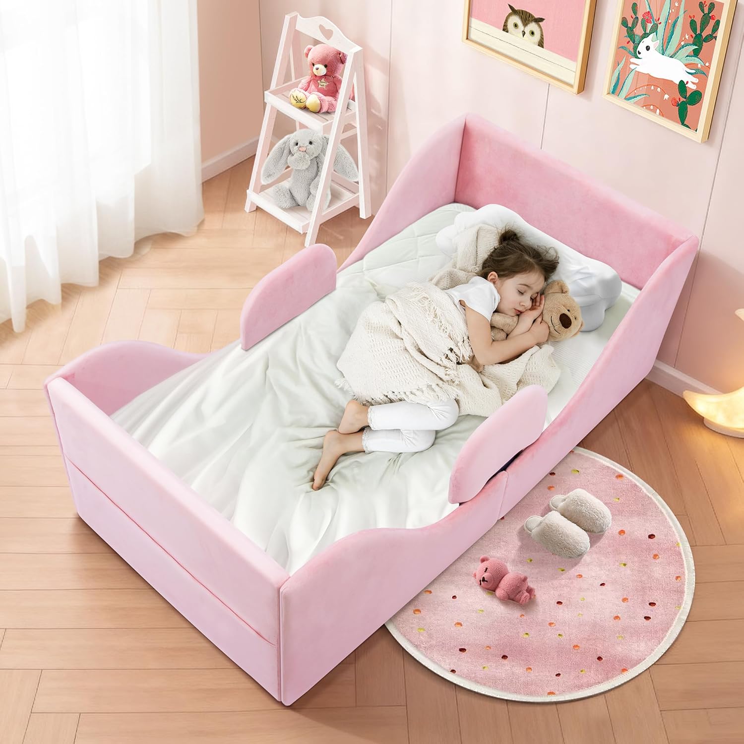 標準ベビーベッドサイズの幼児用ベッドフレーム、1～7歳の子供用、認定ソフトベルベットモンテッソーリベッド (ピンク)