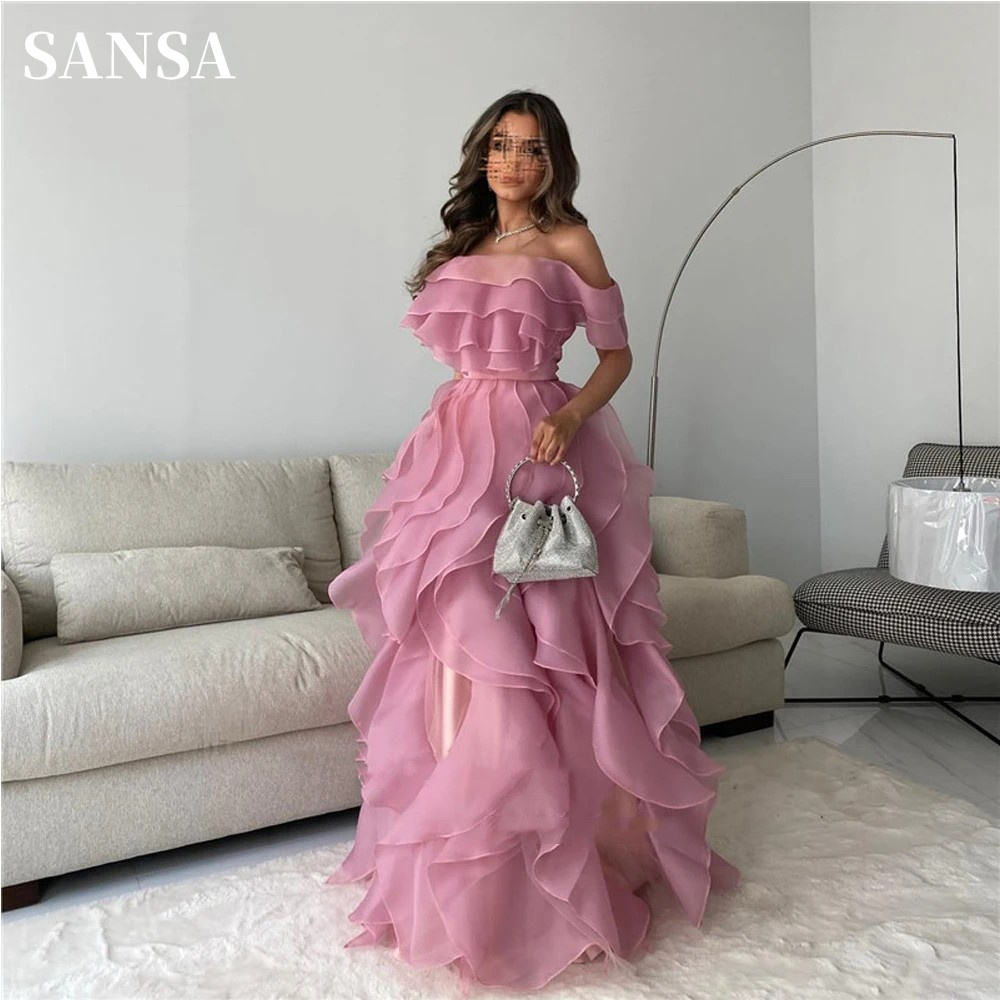 Sansa オフショルダーウエディングドレスエッジカールオーガンザ Vestidos De Noche エレガントな多層ふくらんウエディングドレスマキシウェディングドレス