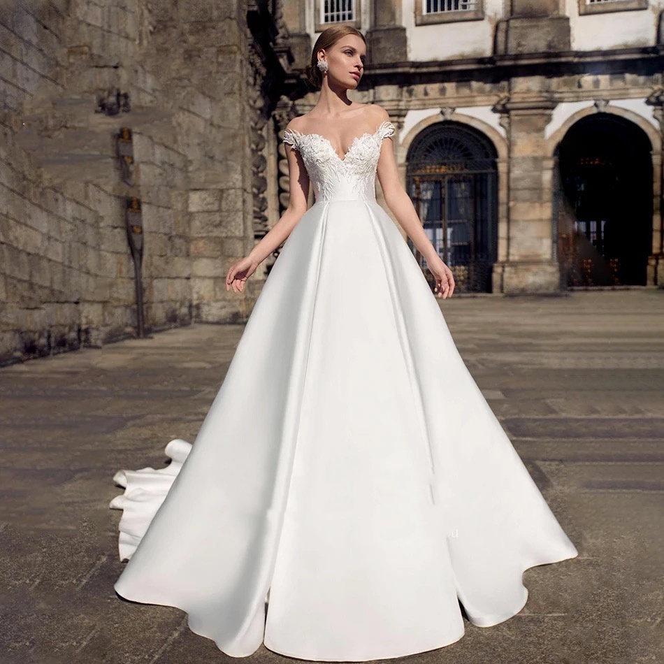 Off the Shoulder Sweetheart Wedding Dress Classy  A-Line Stain Appliques Wedding Gown For Bride Vestidos De Noiva Customized