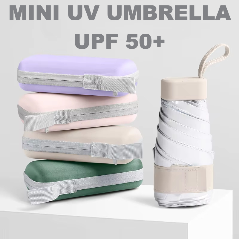 女性用ポケットミニUV傘、チタンシルバー太陽UPF50保護、カプセルコンパクト軽量折りたたみ雨傘