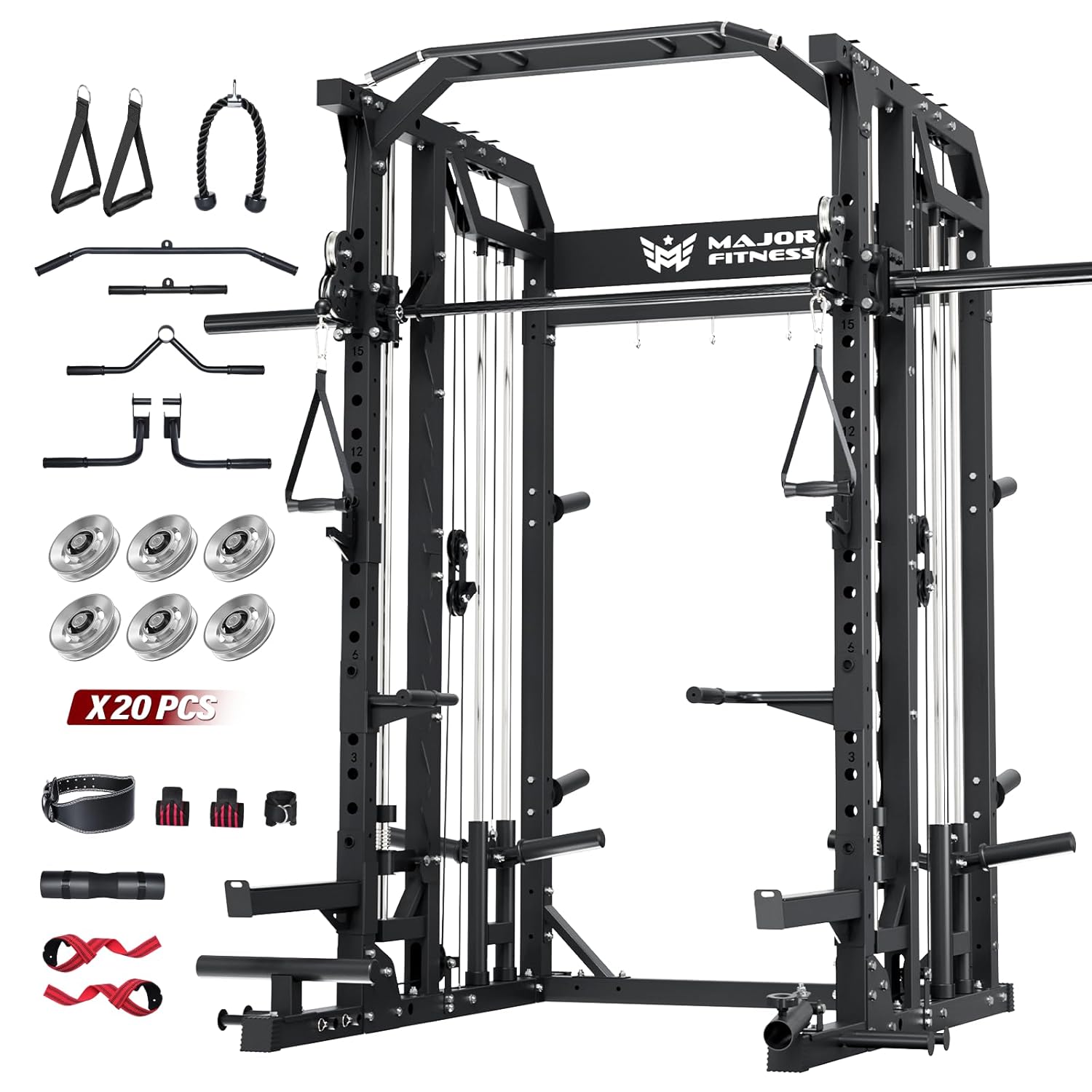 Smith Machine ホームジム スクワットラック プーリーバー デュアル LAT プルダウンケーブル クロスオーバー フルボディワークアウト 300ポンド カスタム