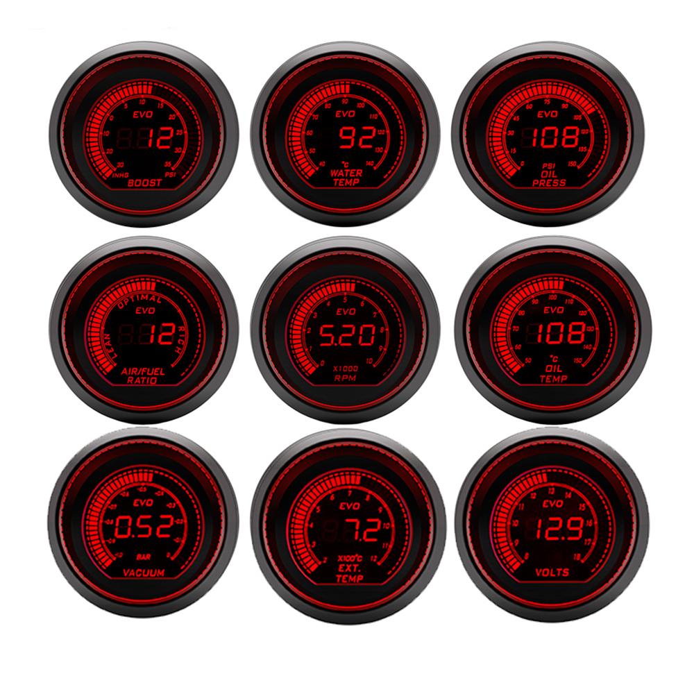 52mm タコメーター RPM 水温 油温 オイルプレス 排気温度 電圧計 ブースト真空 AFR ゲージ 赤青バックライト LCD ディスプレイ