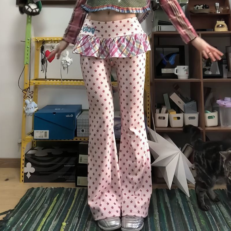 Y2k かわいい全身パンツ女性カジュアルドットフェイクツーピーステールスカートフレア日本レトロスリムスイートスカートズボン