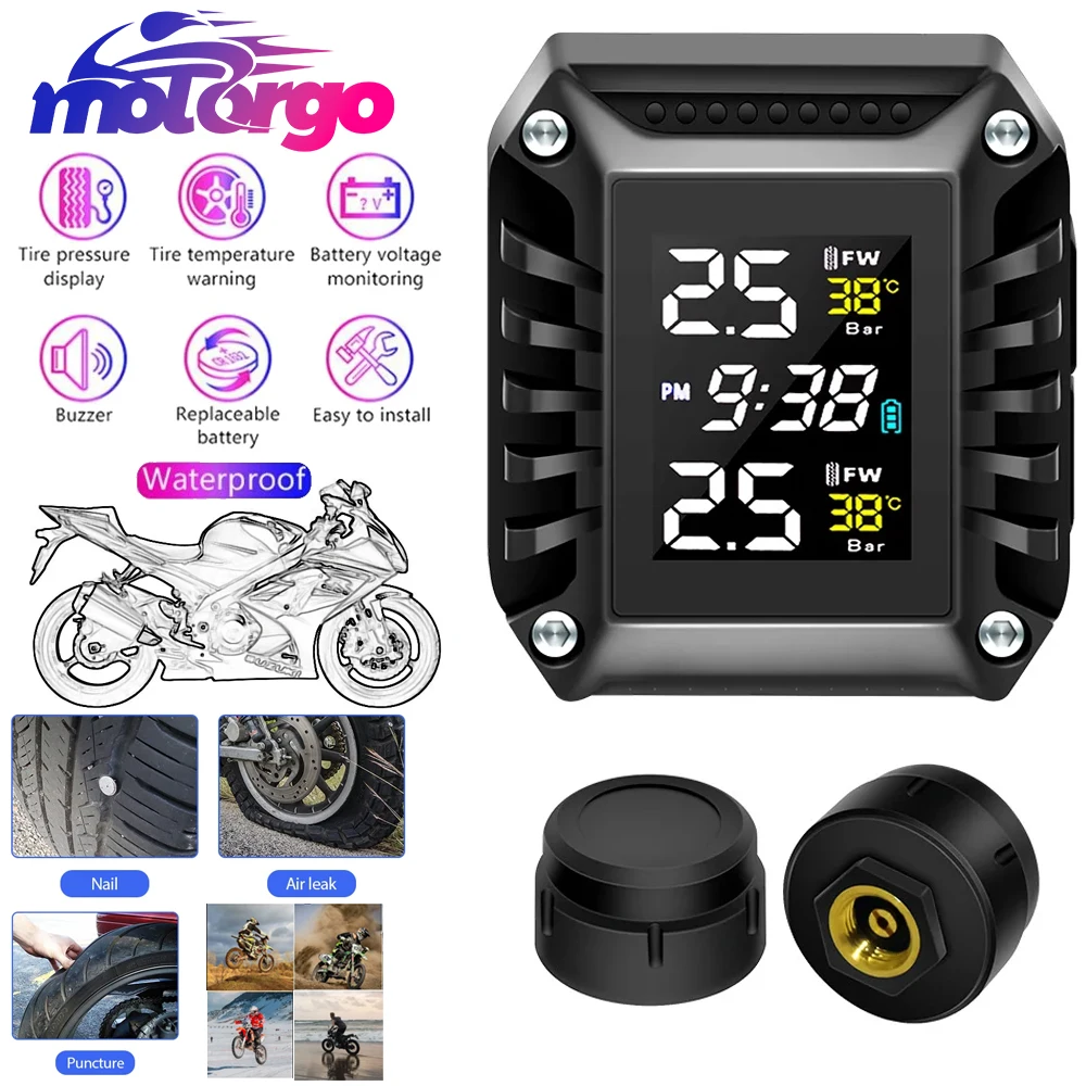 ワイヤレスオートバイ TPMS 2 外部センサーバイクタイヤ空気圧監視タイヤ温度警報システム (時間表示付き)