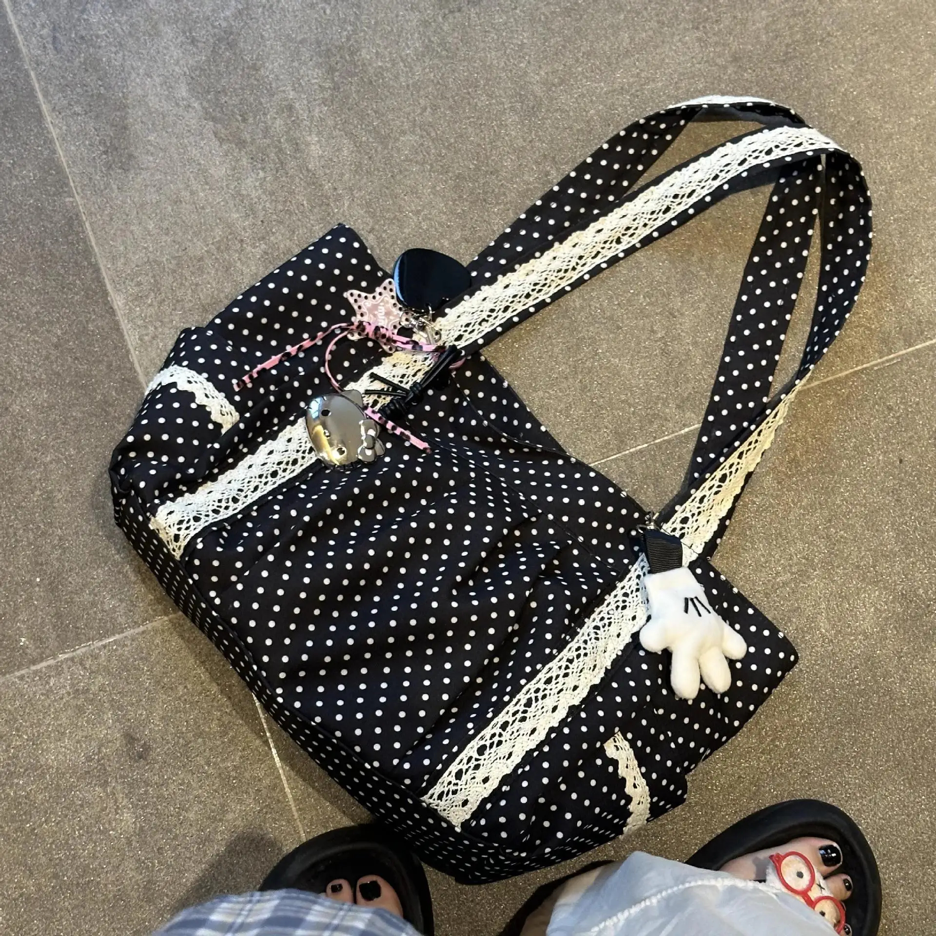 韓国水玉ショルダーバッグ女性のためのレトロファッション大容量トートバッグ文学作品通勤多用途キャンバスハンドバッグ