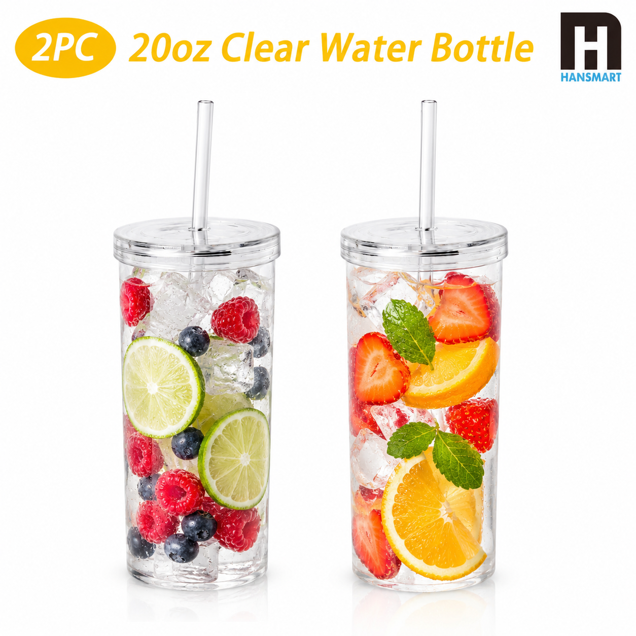 HANSMART 蓋付き 20 オンス クリア プラスチック タンブラー 2 個
