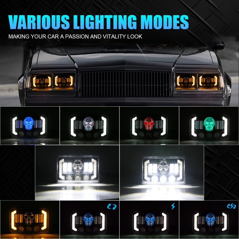 2 個 LED ヘッドライト 4 × 6 インチカラフルなスカル光る DRL ライトトラックジープシボレーフォード 4WD オフロードヘッドランプ 6000K 150 ワット