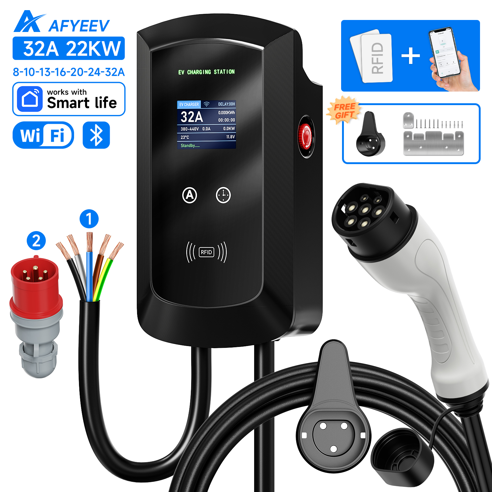 AFYEEV 32A EV 充電ステーション 22KW 3 相電気自動車車の充電器 11KW Type2 IEC62196-2 EVSE ウォールボックス APP 制御 5 メートルケーブル
