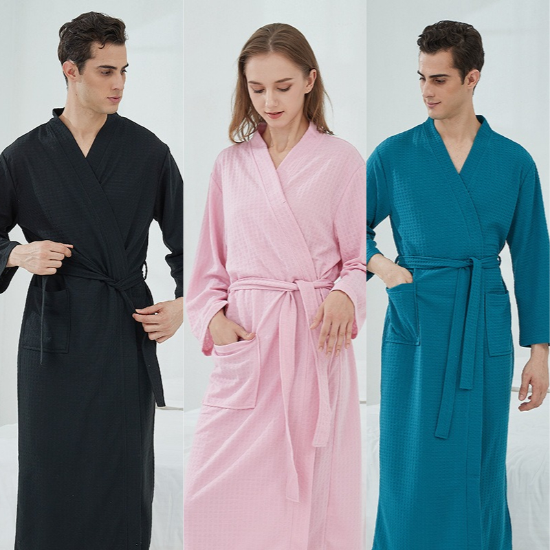 ワッフル高品質ローブ大サイズロング男性と女性ユニバーサル住宅服バスローブ固体黒チェック柄カップルナイトガウン