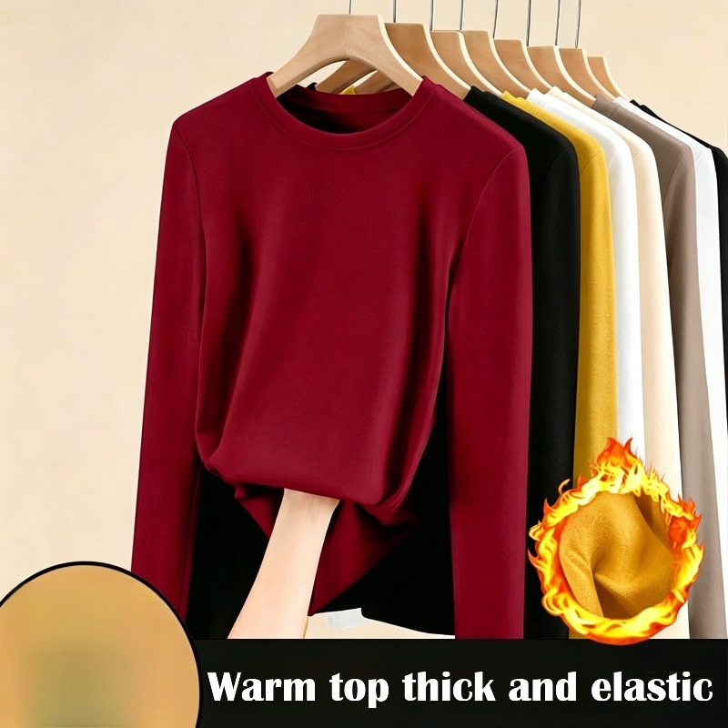 女性の秋のベルベットラウンドネックベースシャツスリムフィット長袖 Tシャツ熱下着冬のインナー層蓄熱トップ