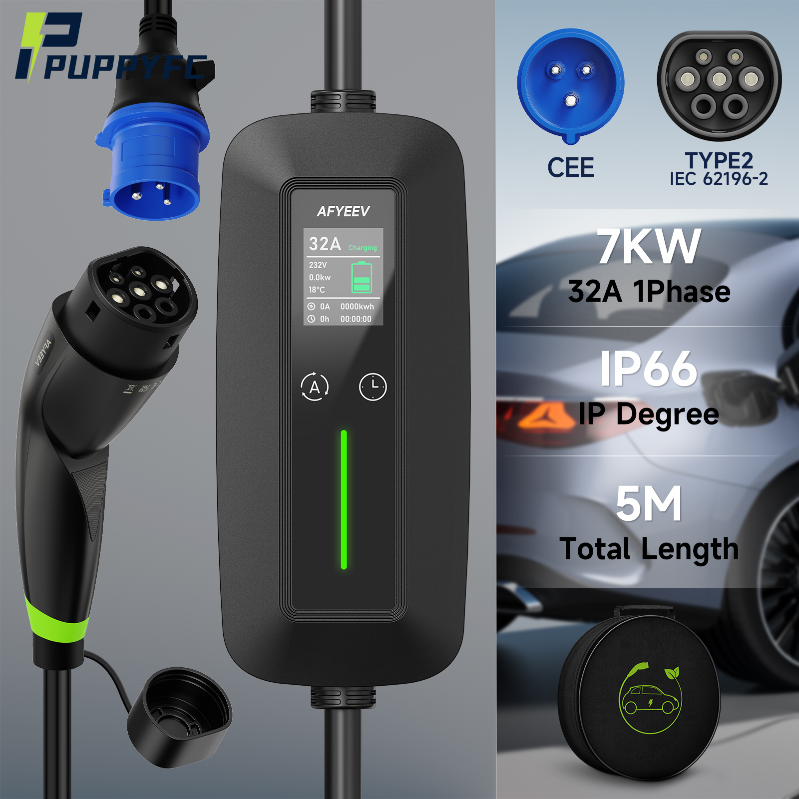 Puppyfc 7KW EV 充電器ポータブルケーブル Type2 IEC62196-2 Type1/GBT 電気自動車ウォールボックスホーム 32A 充電ステーション CEE プラグ