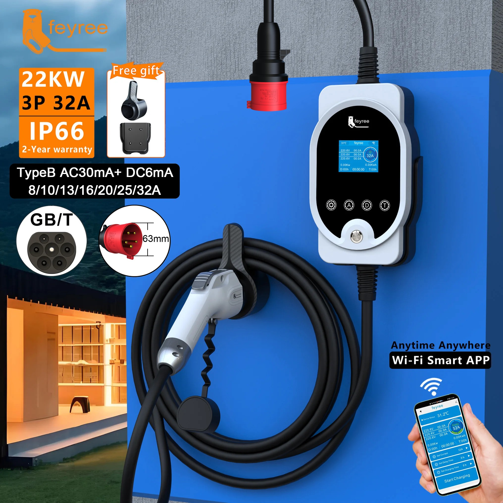 feyree 22KW 32A 3 相 GB/T ポータブル EV 充電器急速充電器充電ステーションスマート Wi-Fi APP 制御電気自動車充電器用